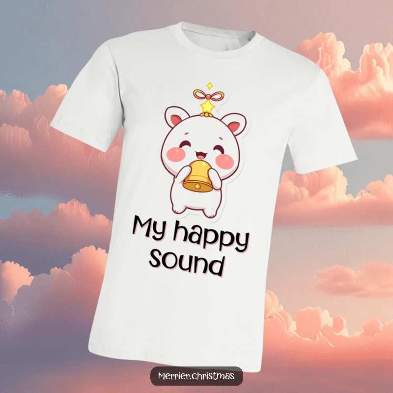 Funny t-shirt design of a kawaii character with rosy cheeks smiling and holding a sparkling bell, embodying cuteness.