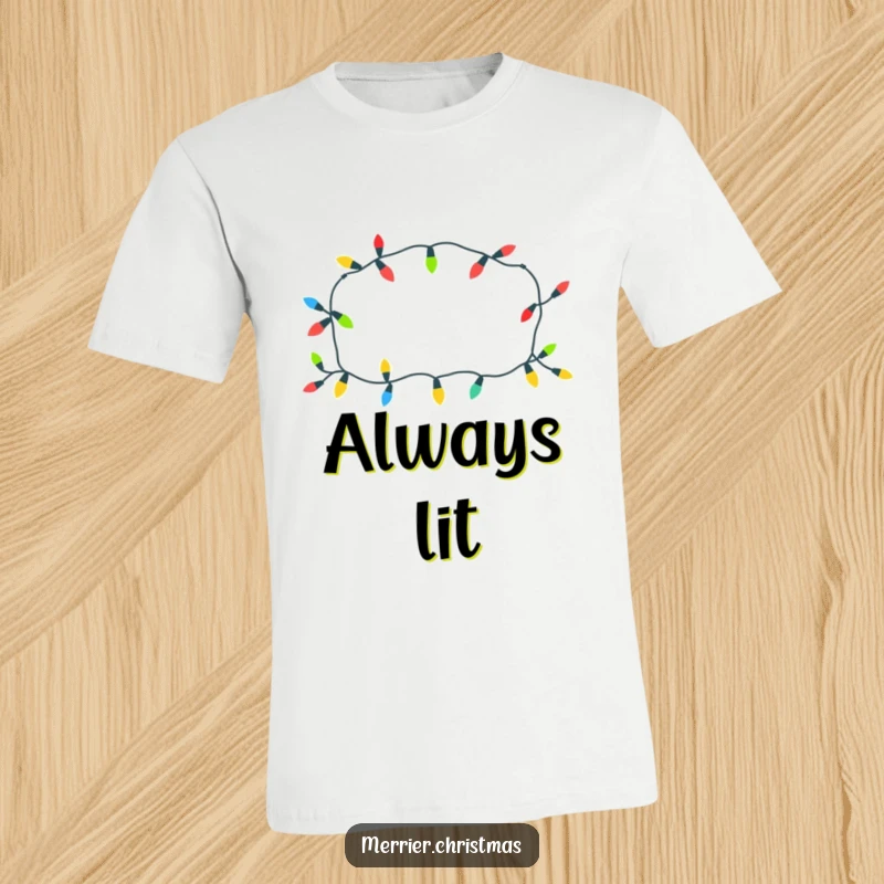 Funny Christmas lights t-shirt with a cheerful pattern, glowing brightly, ideal for festive wear and as a funny gift.