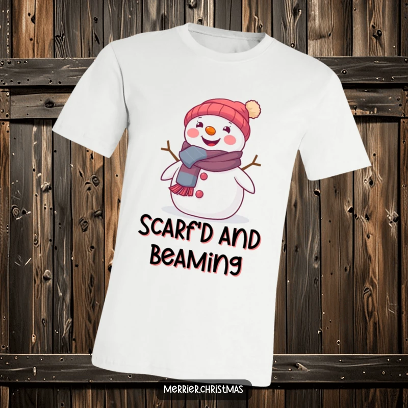 Funny t-shirt showcasing a cute snowman with a festive scarf, beaming with joy and winter cheer.