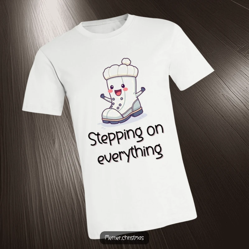 Funny winter boot character mid-stomp with pure joy, depicted in a wintery setting on a comfortable t-shirt.