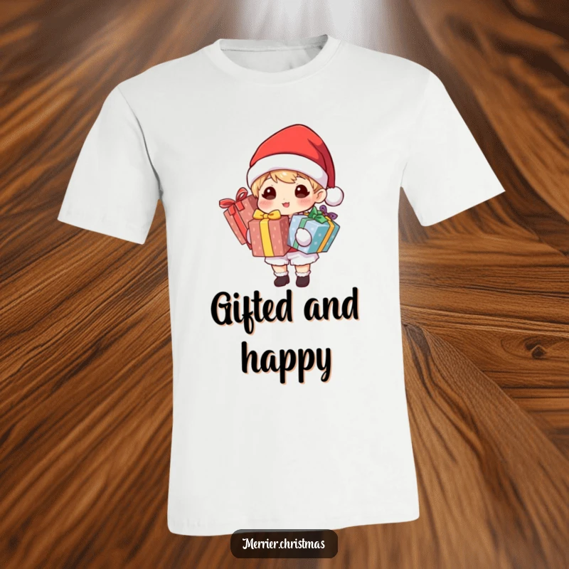 Funny t-shirt featuring a character wearing a Santa hat and holding several brightly wrapped gifts, perfect for holiday celebrations.