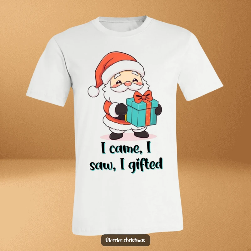 Funny t-shirt featuring a cute Santa Claus character with a twinkling eye, giving out gifts with a playful and humorous holiday vibe.