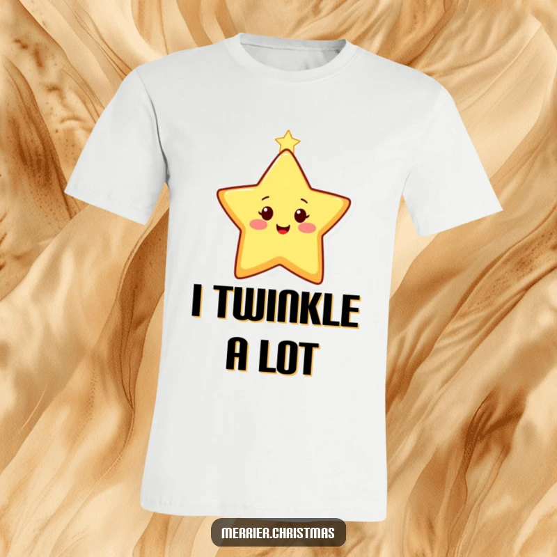 Funny T-Shirt showing a happy, stylized Christmas star character twinkling brightly, perfect for festive occasions.