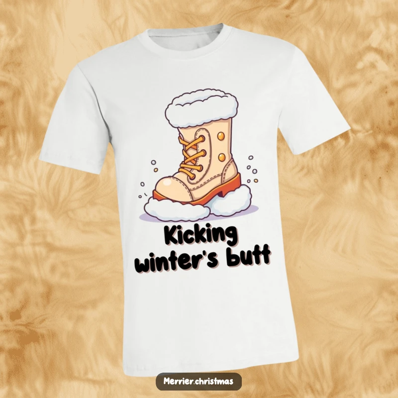 Funny Festive Boot T-Shirt, a cheerful boot character joyfully kicking a puff of snow, perfect for winter.
