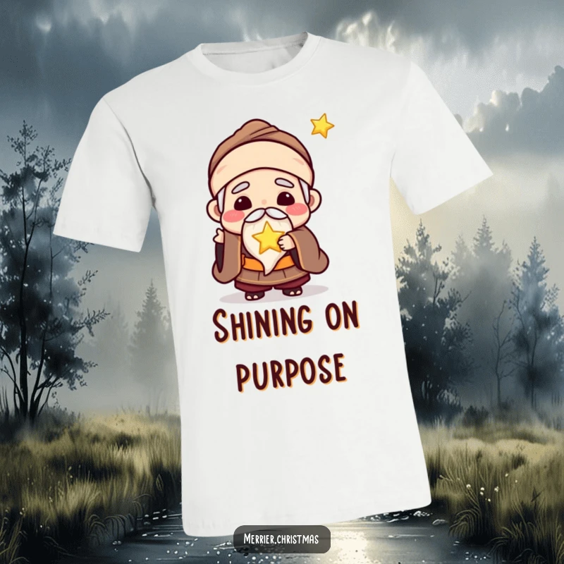 Funny t-shirt depicting a kawaii wise man joyfully presenting a tiny, glowing star, looking serene and benevolent.