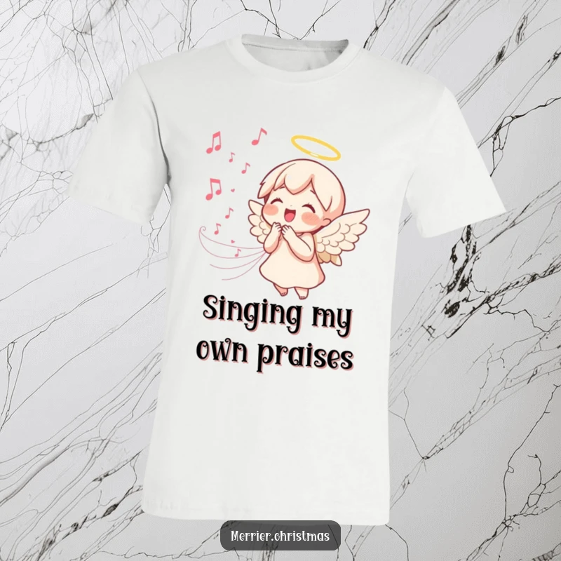 Funny kawaii angel t-shirt featuring a singing angel with a joyful expression and a stream of melodic music notes, a blessed and humorous design.