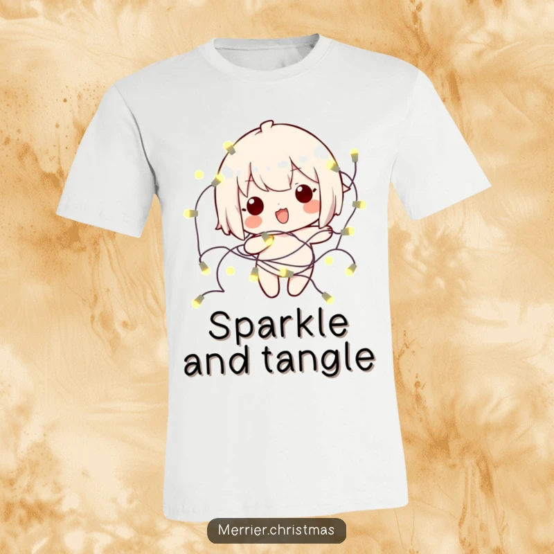 Funny kawaii character playfully entangled in a string of glowing holiday lights on a t-shirt, perfect for festive humor.