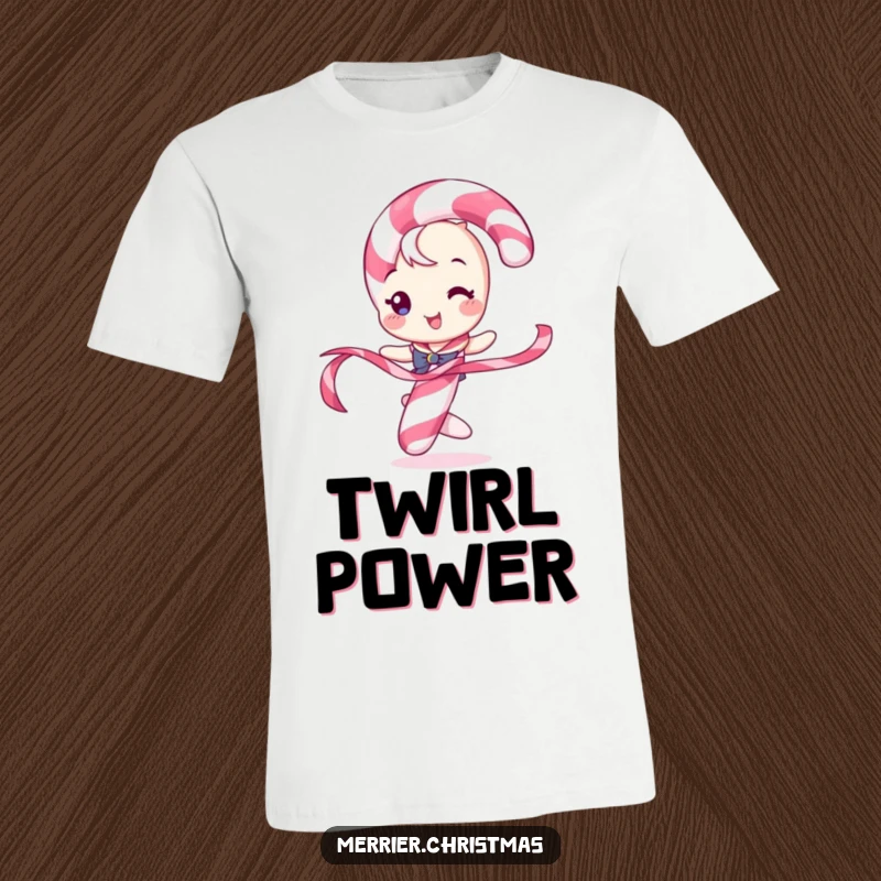 Funny t-shirt depicting a candy cane character playfully twirling a colorful ribbon, capturing a moment of festive joy.