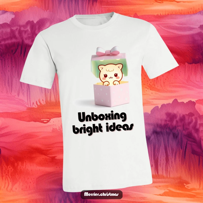 Funny t-shirt showing a kawaii gift box character dramatically popping open, emitting a tiny, twinkling light of happiness.
