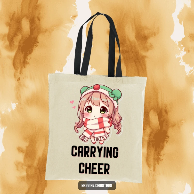 Funny Festive Scarf Kiss Tote Bag with a character in a cozy scarf blowing a sweet kiss, perfect for holiday errands.