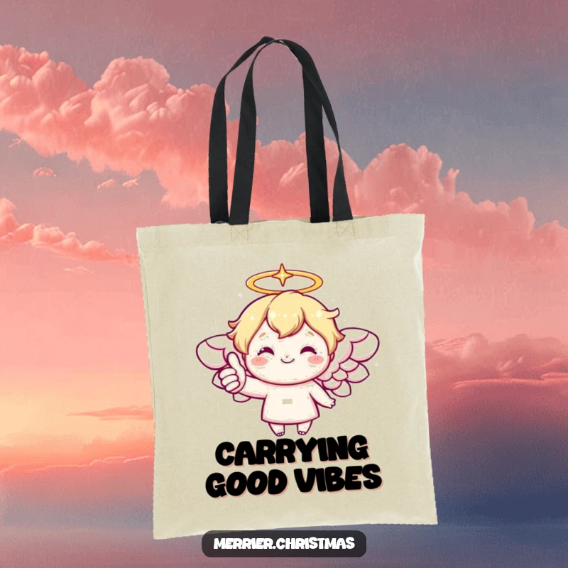Funny tote bag featuring a kawaii angel with a sparkling halo giving a cheerful thumbs up, perfect for everyday use.