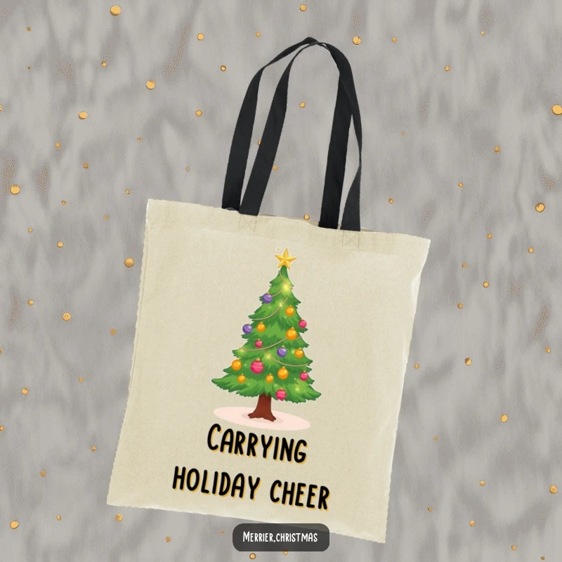 Funny Christmas tree tote bag with sparkling ornaments, twinkling, ideal for holiday shopping and as a funny gift.