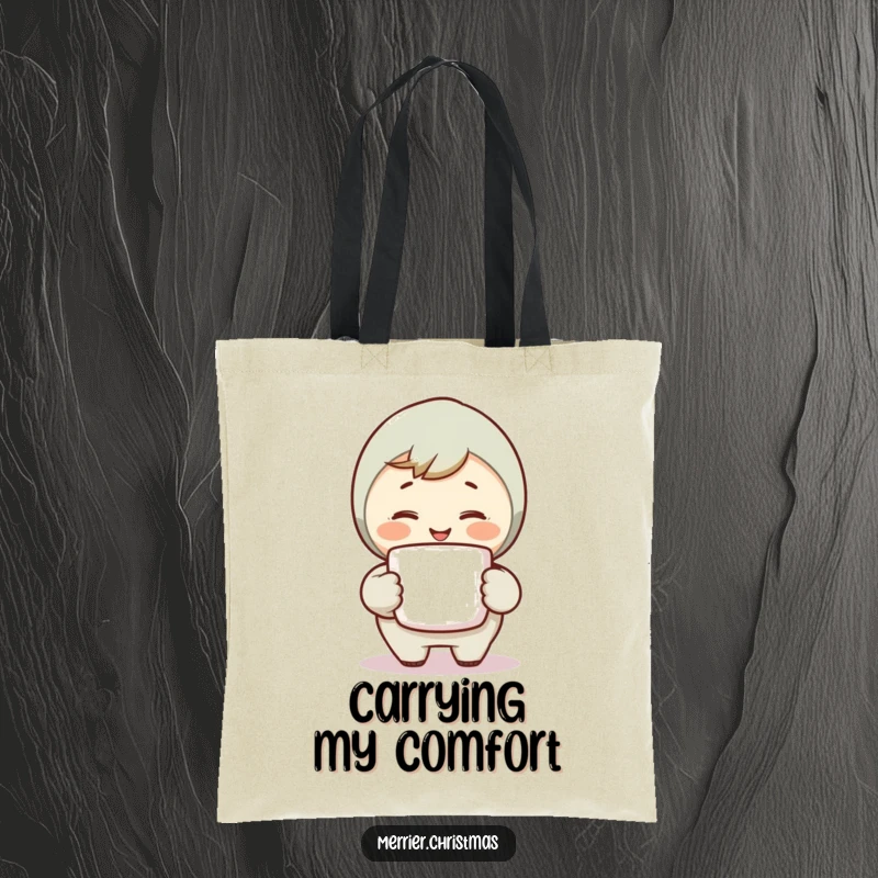 Funny Smile Tote Bag showing a character holding a steaming mug and smiling warmly, perfect for carrying essentials with comfort.