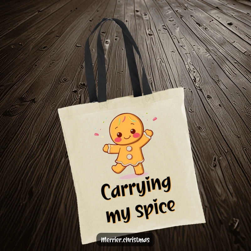 Funny Gingerbread Man Tote Bag with a character dancing cheerfully, covered in sprinkles, perfect for carrying holiday treats and essentials.