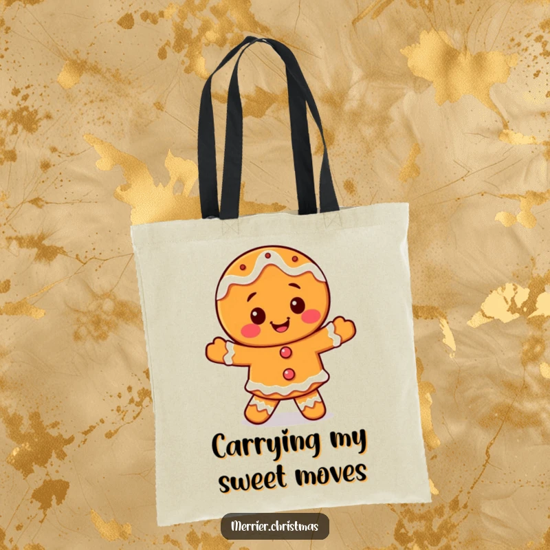 Funny smiling gingerbread character tote bag, with icing, dancing happily, perfect for carrying holiday goodies.