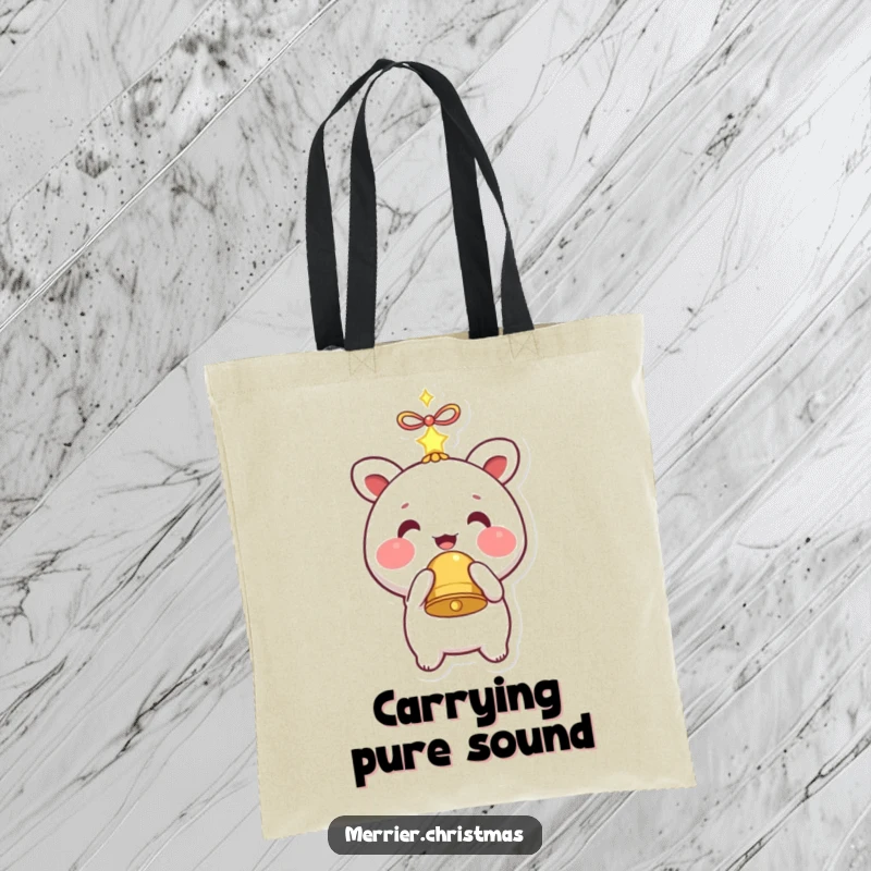 Funny tote bag featuring a smiling kawaii character with rosy cheeks holding a sparkling bell, perfect for carrying items.