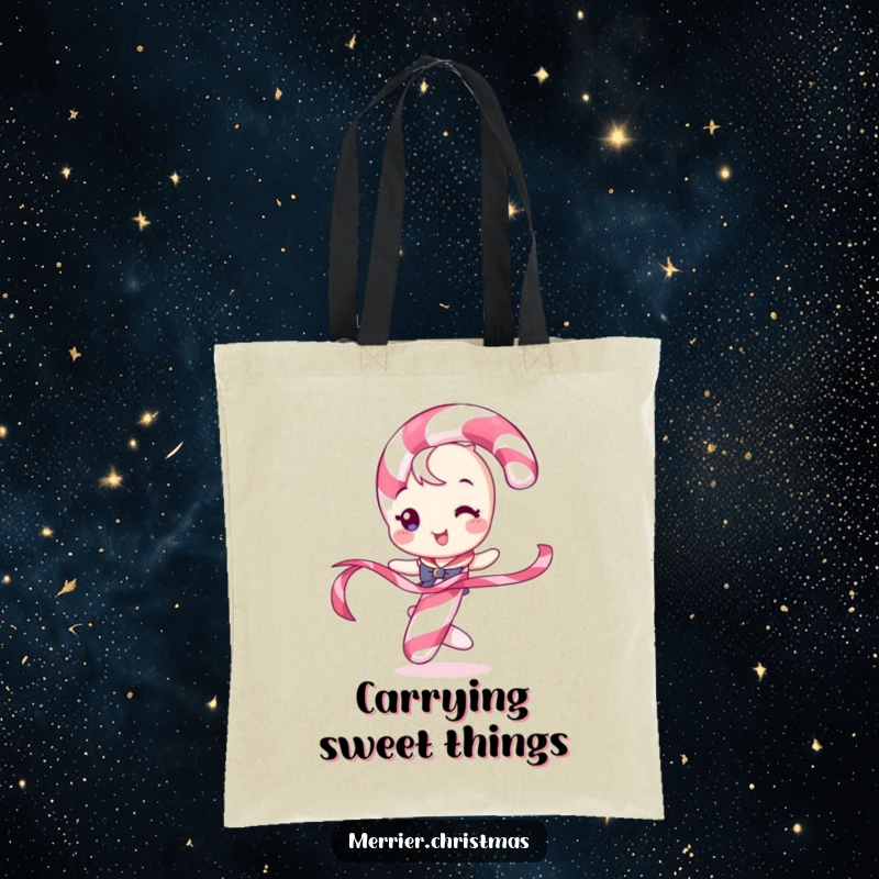 Funny tote bag featuring a candy cane character playfully twirling a ribbon, ideal for carrying holiday treasures.