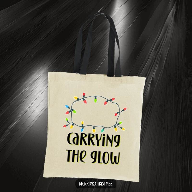 Funny Christmas lights tote bag with a cheerful pattern, glowing playfully, ideal for holiday shopping and as a funny gift.