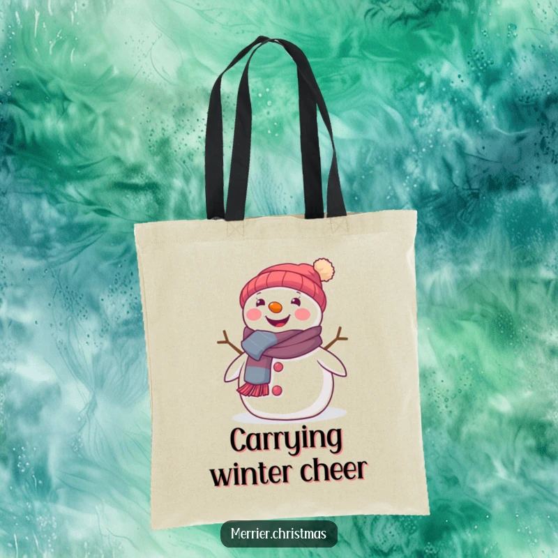 Funny tote bag with a cute, beaming snowman wearing a festive scarf, perfect for carrying holiday cheer.