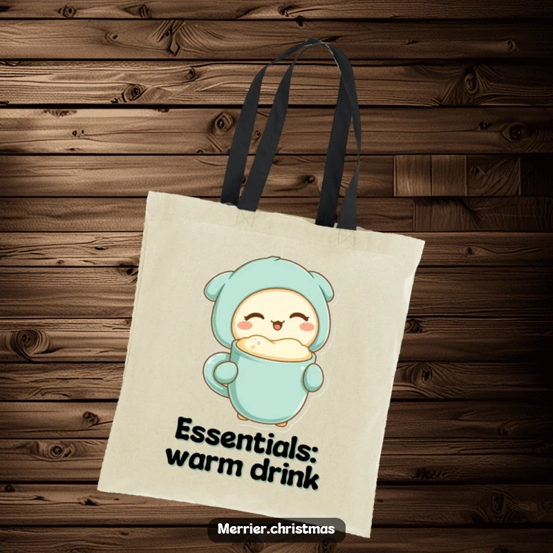 Funny kawaii character giving a charming wink while holding a mug of warm, frothy drink on a humorous tote bag.