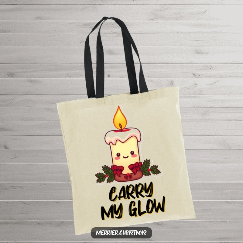 Funny Christmas candle tote bag, a character with a warm, smiling flame, perfect for festive errands.