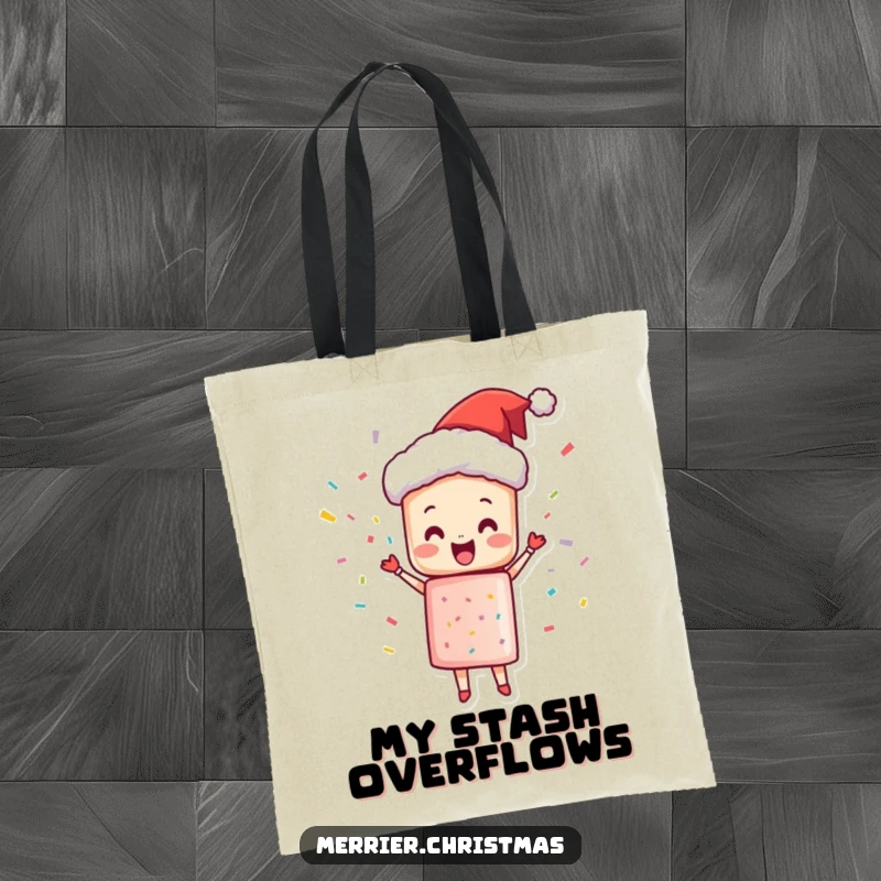 Funny Tote Bag designed with a Christmas cracker character joyfully popping with confetti, perfect for holiday shopping.