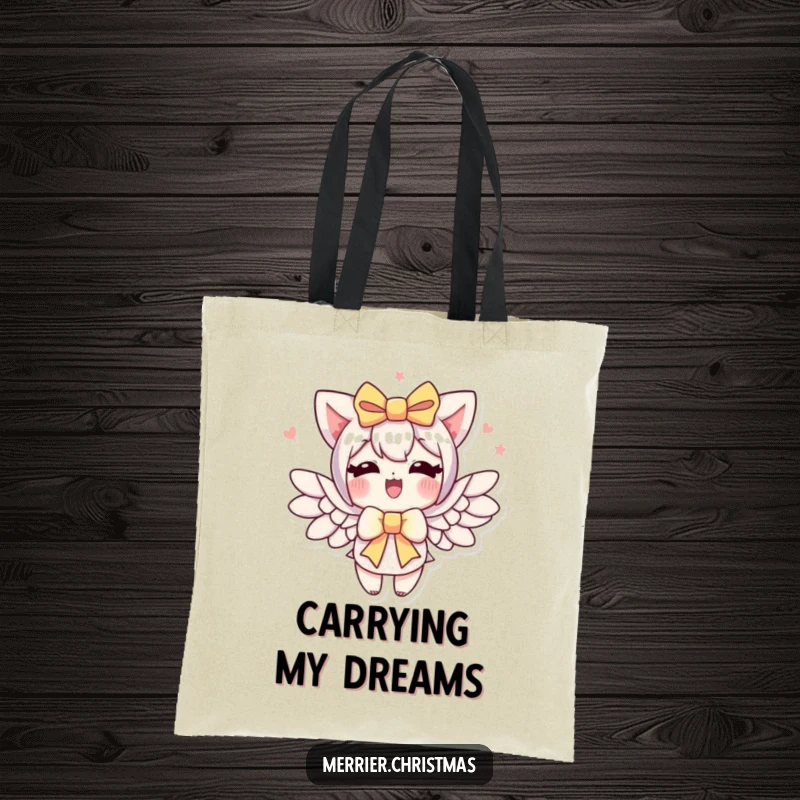 Funny gift bow tote bag, a character with a gift bow enthusiastically sprouting wings, ready for any adventure.
