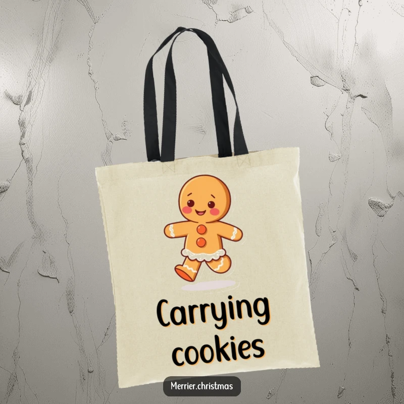 Funny tote bag featuring a gingerbread person with icing buttons, doing a happy skip, ready for holiday adventures.