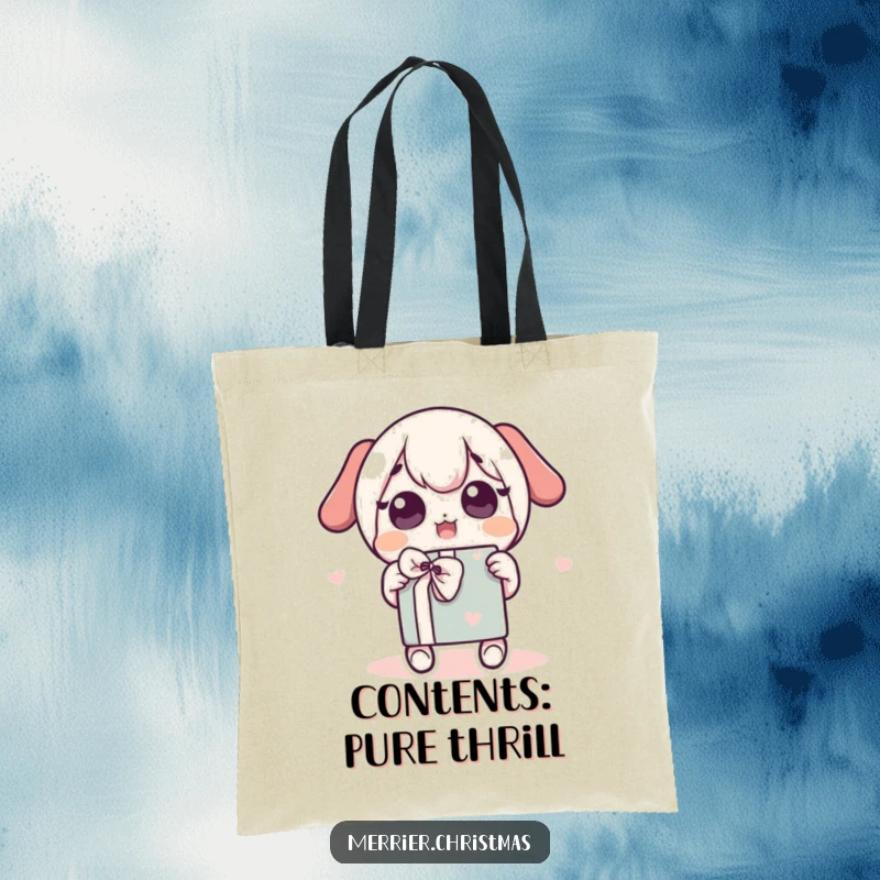 Funny Tote Bag with a kawaii character energetically shaking a wrapped gift, eyes wide, ready for unwrapping adventures.
