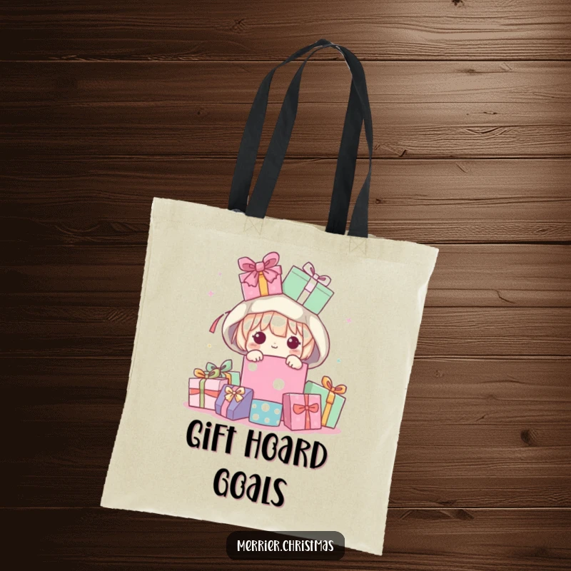 Funny Tote Bag featuring a gleeful kawaii character peeking out from an overflowing pile of beautifully wrapped presents, ready to go.