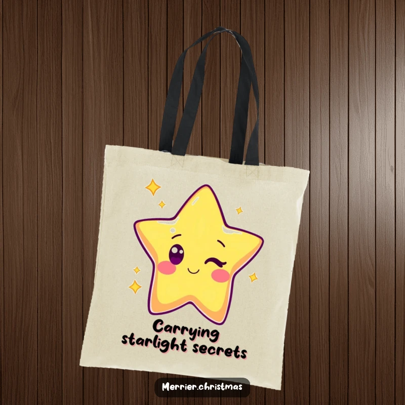 Funny Kawaii Star Tote Bag: Adorable cartoon star character winking cheerily, perfect for carrying essentials with a touch of stellar style.