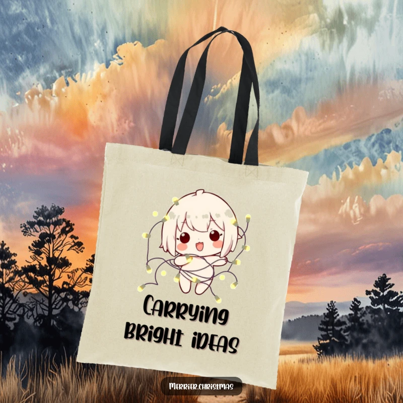 Funny kawaii character playfully tangled in a string of glowing lights, featured on a humorous and practical tote bag.