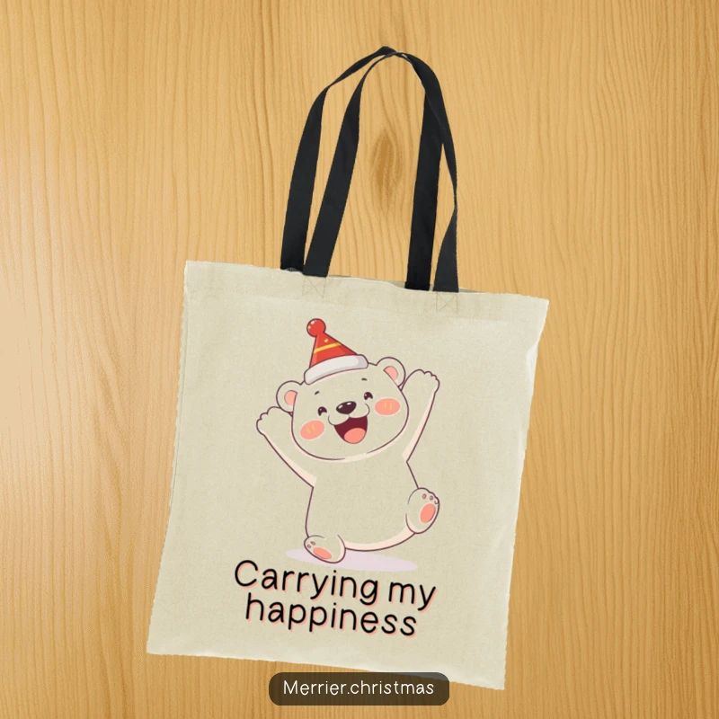 Funny Polar Bear Cub Tote Bag: a cute cub humorously doing a somersault, wearing a festive hat, for stylish carrying.