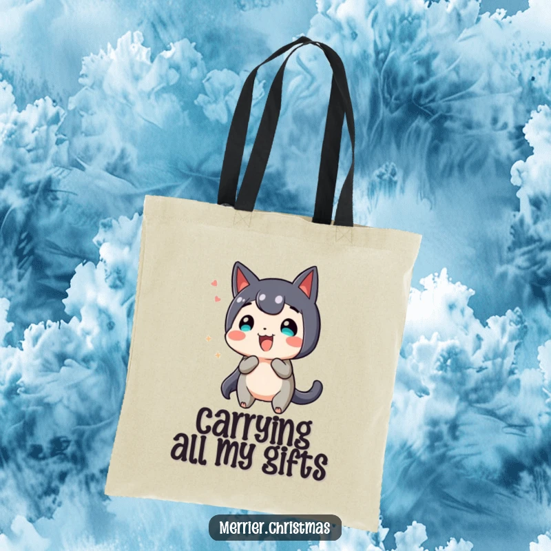 Funny Tote Bag, a gift-wrapped character wiggling with anticipation, perfect for carrying your excitement.