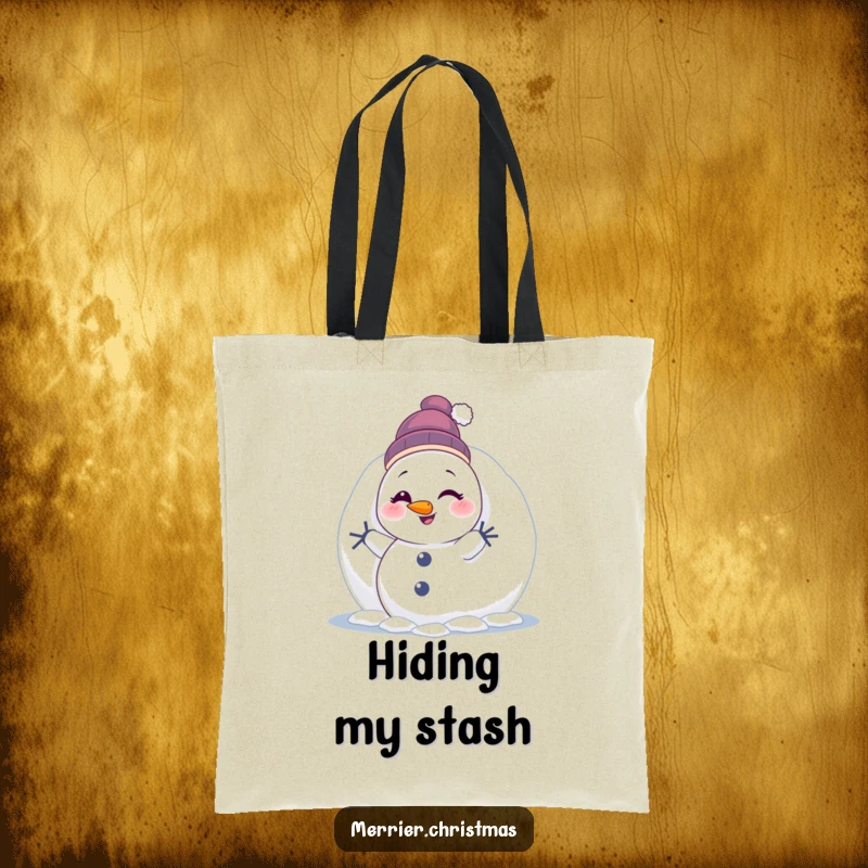 Funny Winking Snowman Tote Bag: a cute snowman humorously peeking from behind a snowball and winking, for stylish carrying.