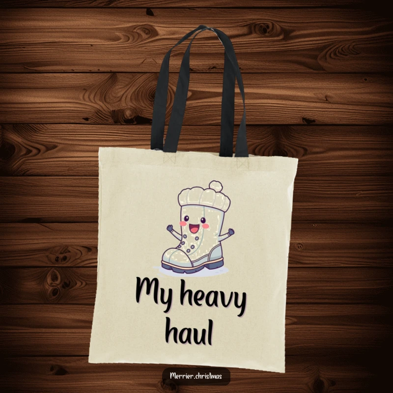Funny winter boot character doing a happy stomp, featured on a durable tote bag for carrying winter gear.