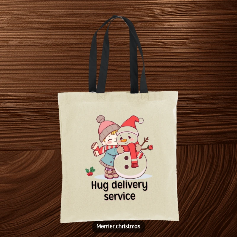 Funny kawaii character in a loving hug with a festive snowman, displayed on a practical and humorous tote bag.